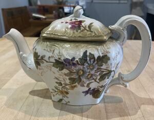 Antique Hand Painted Gold Inlay Blue Pink Floral Royal Porcelain Teapot Stamped